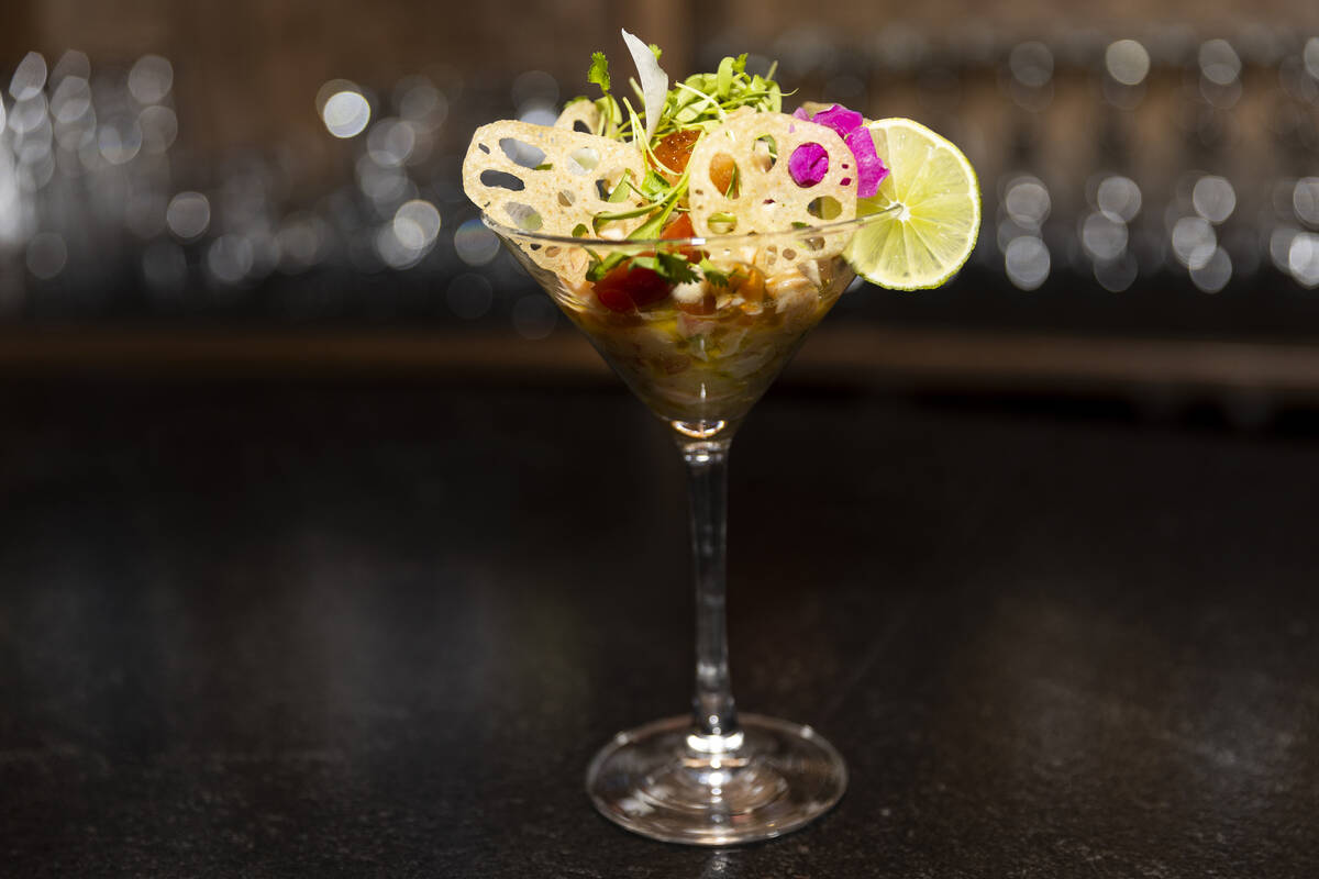 A mixed seafood ceviche is seen served at Maxan Jazz in Las Vegas, Saturday, Feb. 11, 2023. (Er ...