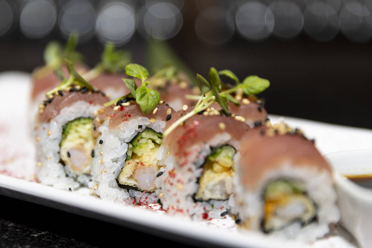 A shrimp tempura roll with garlic tuna is seen served at Maxan Jazz in Las Vegas, Saturday, Feb ...