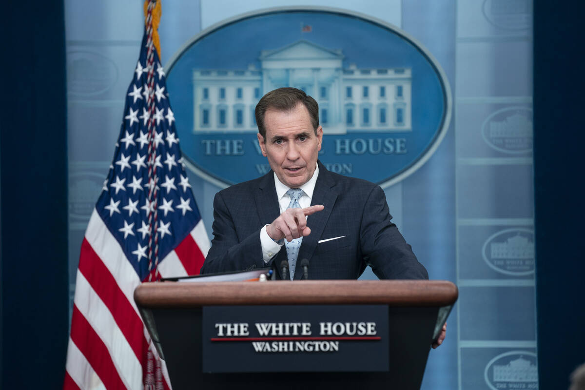 National Security Council spokesman John Kirby speaks during a press briefing at the White Hous ...