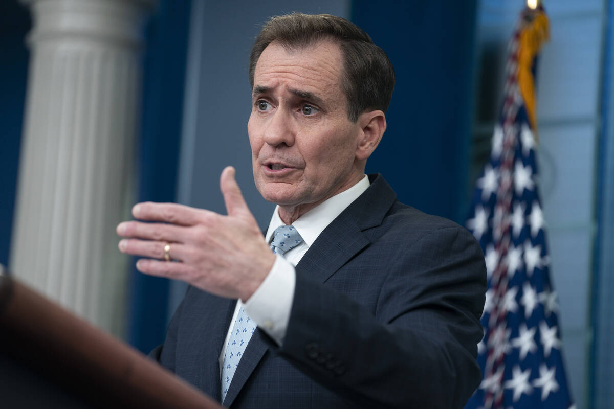 National Security Council spokesman John Kirby speaks during a press briefing at the White Hous ...