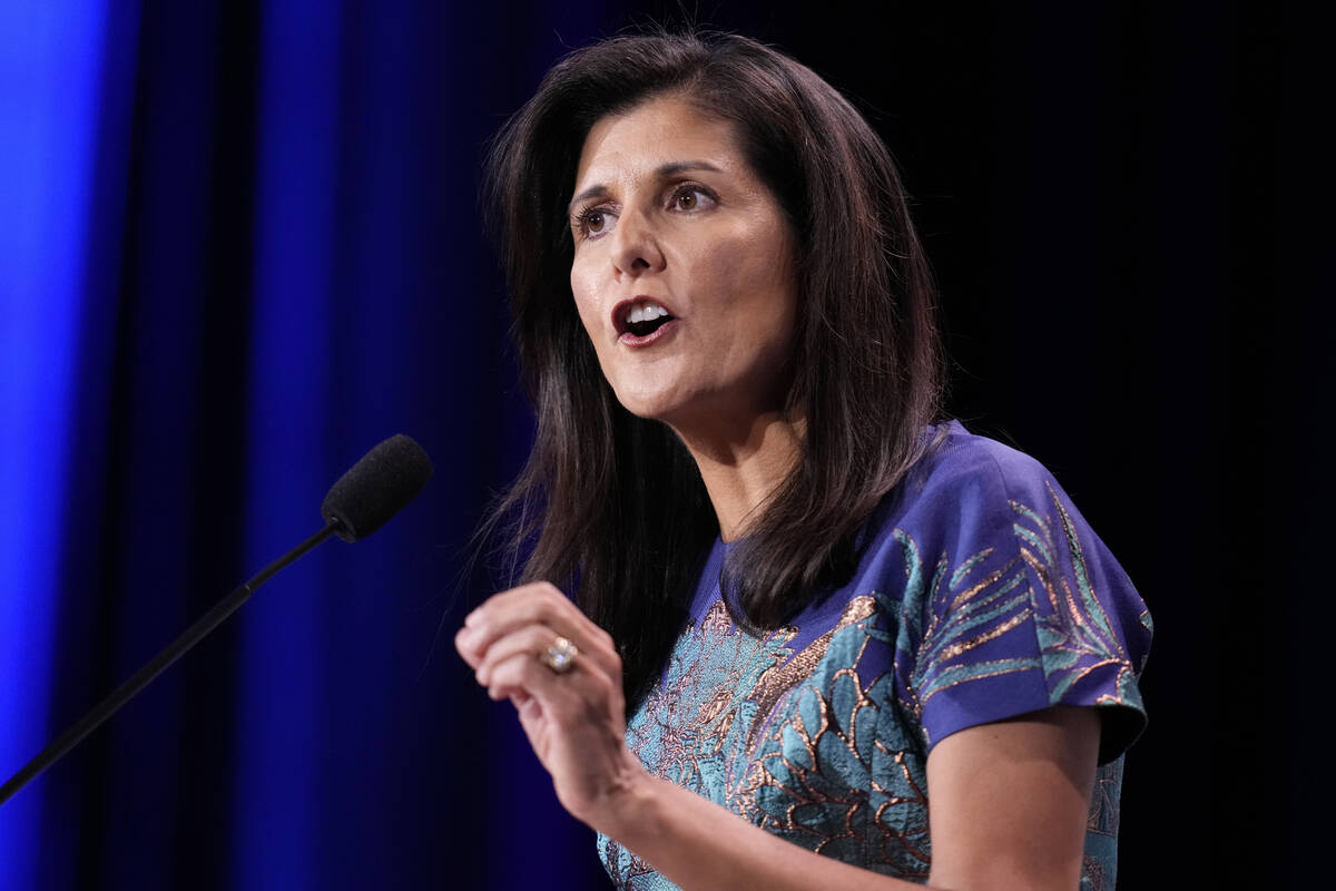 FILE - Former U.N. Ambassador Nikki Haley speaks at an annual leadership meeting of the Republi ...