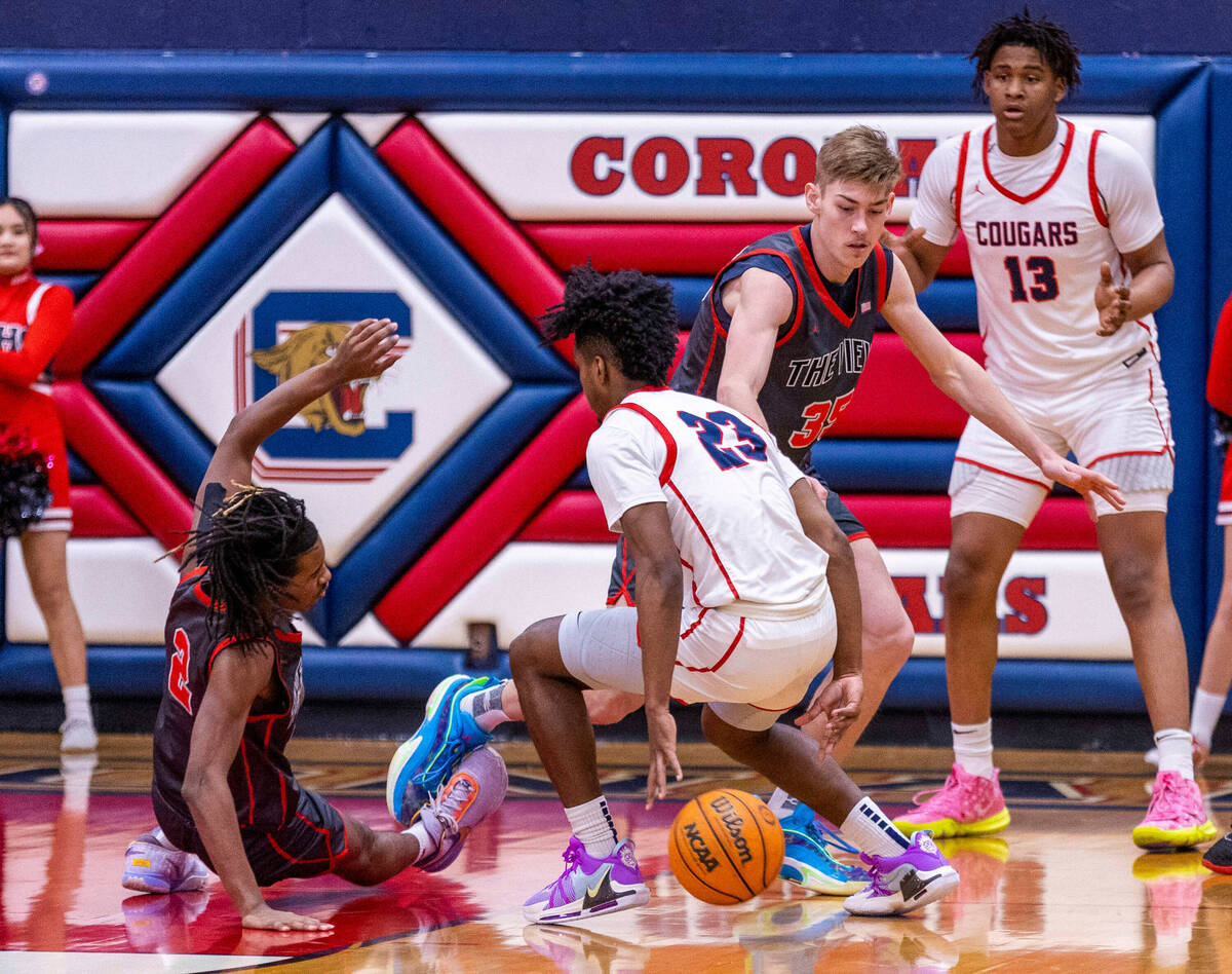 Coronado's Josiah Cunningham (23) dribbles behind his back as Arbor View's Sebastian Knox (2) g ...