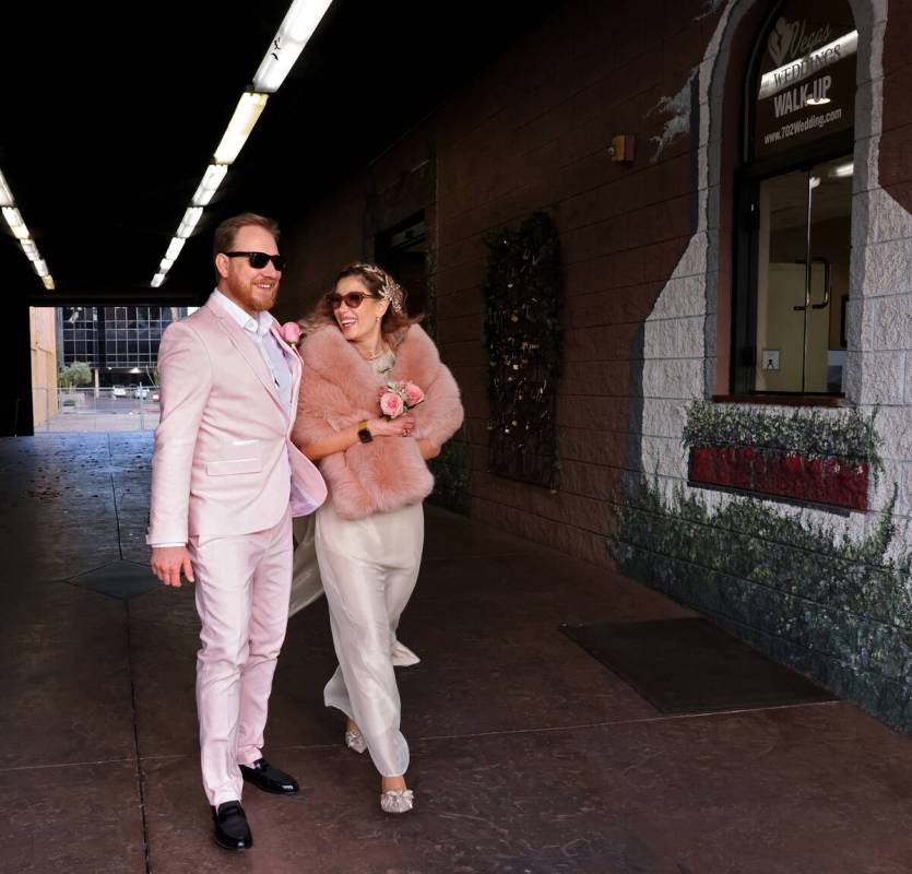 Tomasz Lindenberg and Anna Lacka of Poland are seen after getting married at Vegas Weddings cha ...