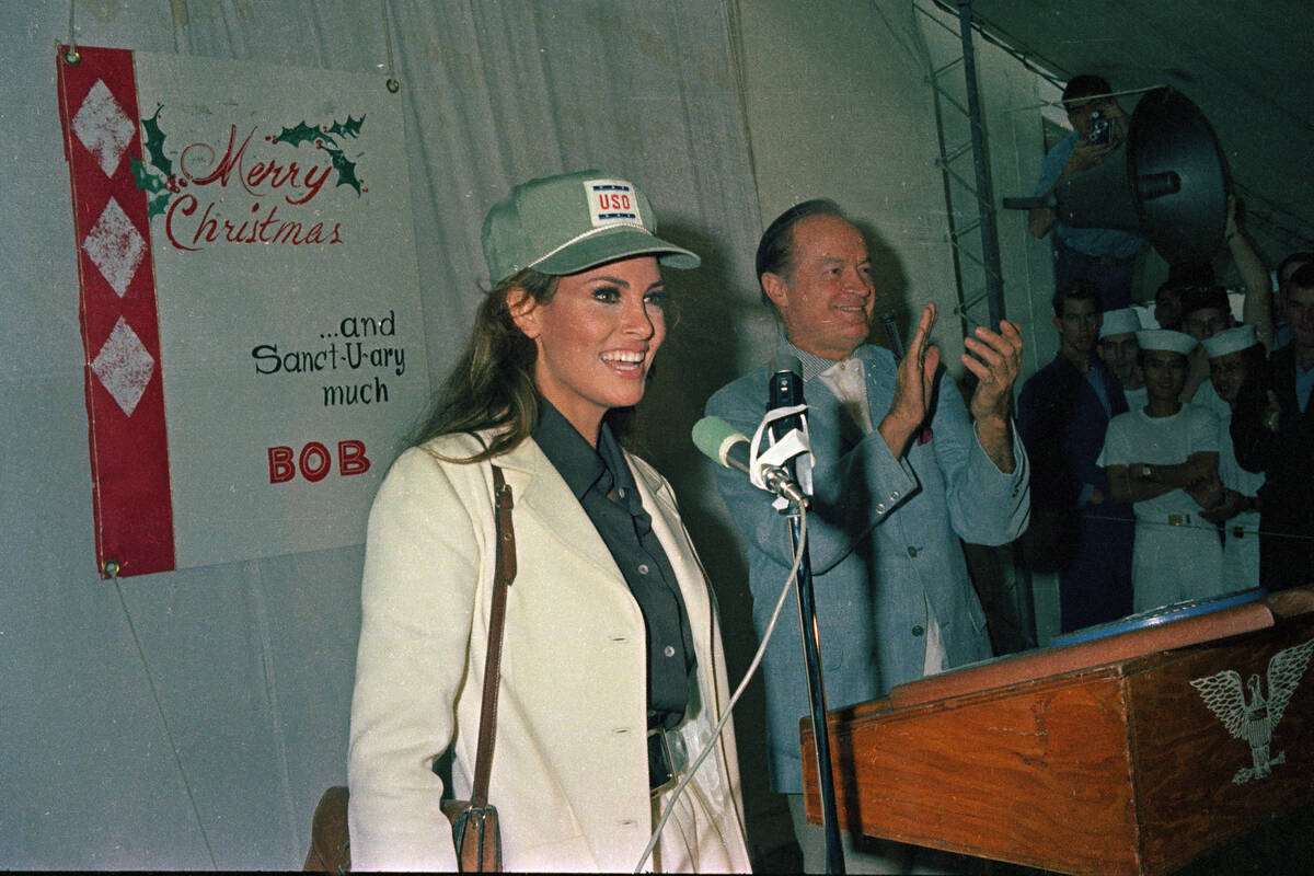 Film star Raquel Welch, left, and Bob Hope are shown at Da Nang, South Vietnam at a news confer ...