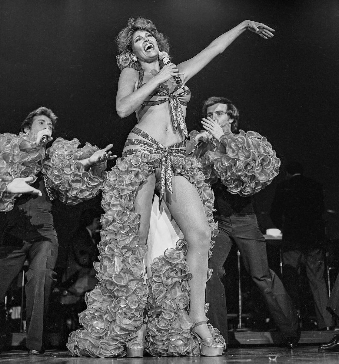 Raquel Welch performs at the MGM Grand January 13, 1978, in Las Vegas, Nevada. (Las Vegas News ...