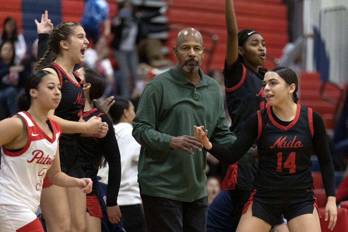 Coronado’s Kaylee Walters (14) celebrates with her team’s bench after scoring a t ...