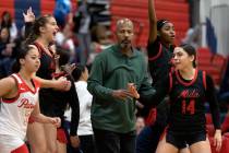 Coronado’s Kaylee Walters (14) celebrates with her team’s bench after scoring a t ...