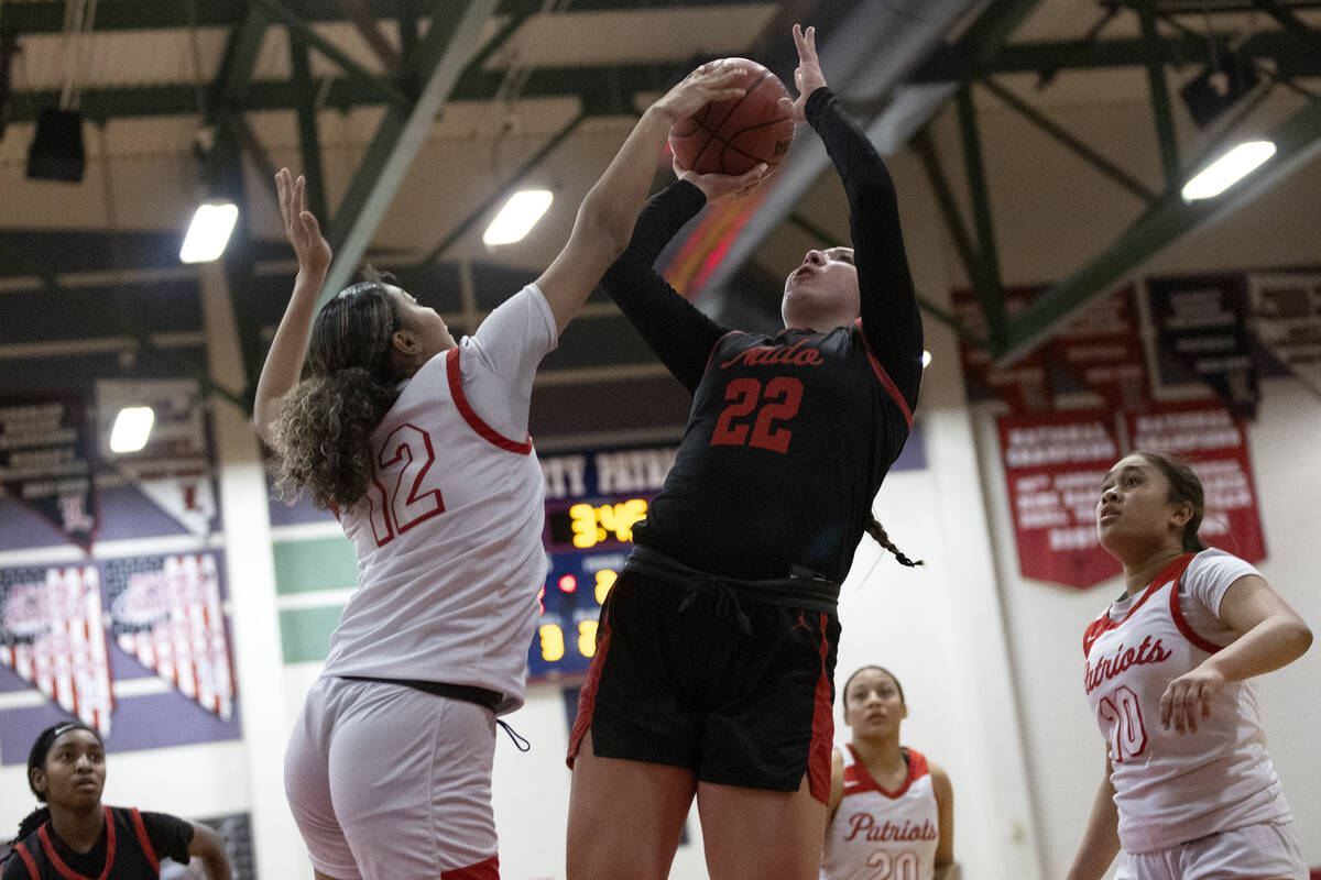 Coronado’s Ashtyn Wick (22) shoots against Liberty’s Daisha Peavy (12) during a Class 5A So ...