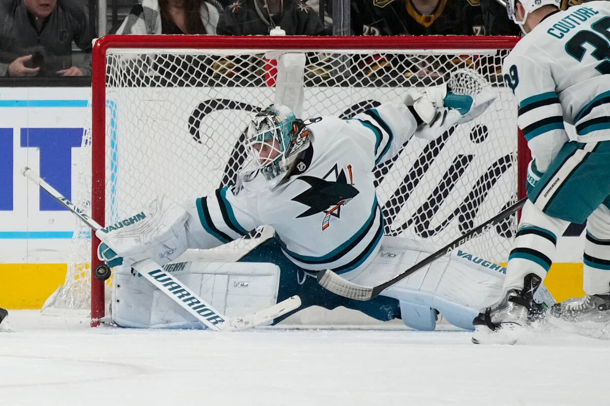 San Jose Sharks goaltender Kaapo Kahkonen (36) makes a save against the Vegas Golden Knights du ...