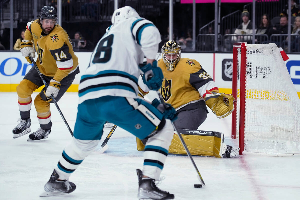 San Jose Sharks right wing Timo Meier (28) looks to shoot against Vegas Golden Knights goaltend ...