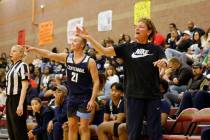 Centennial's head coach Karen Weitz, and Centennial's Kohlman Smith (21) gestures during the fi ...