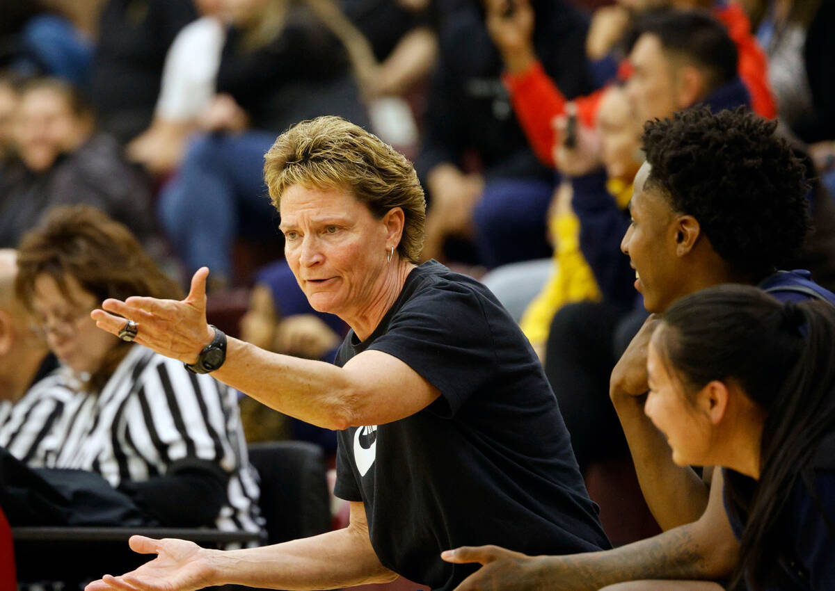 Centennial's head coach Karen Weitz reacts during the first half of a basketball game against F ...