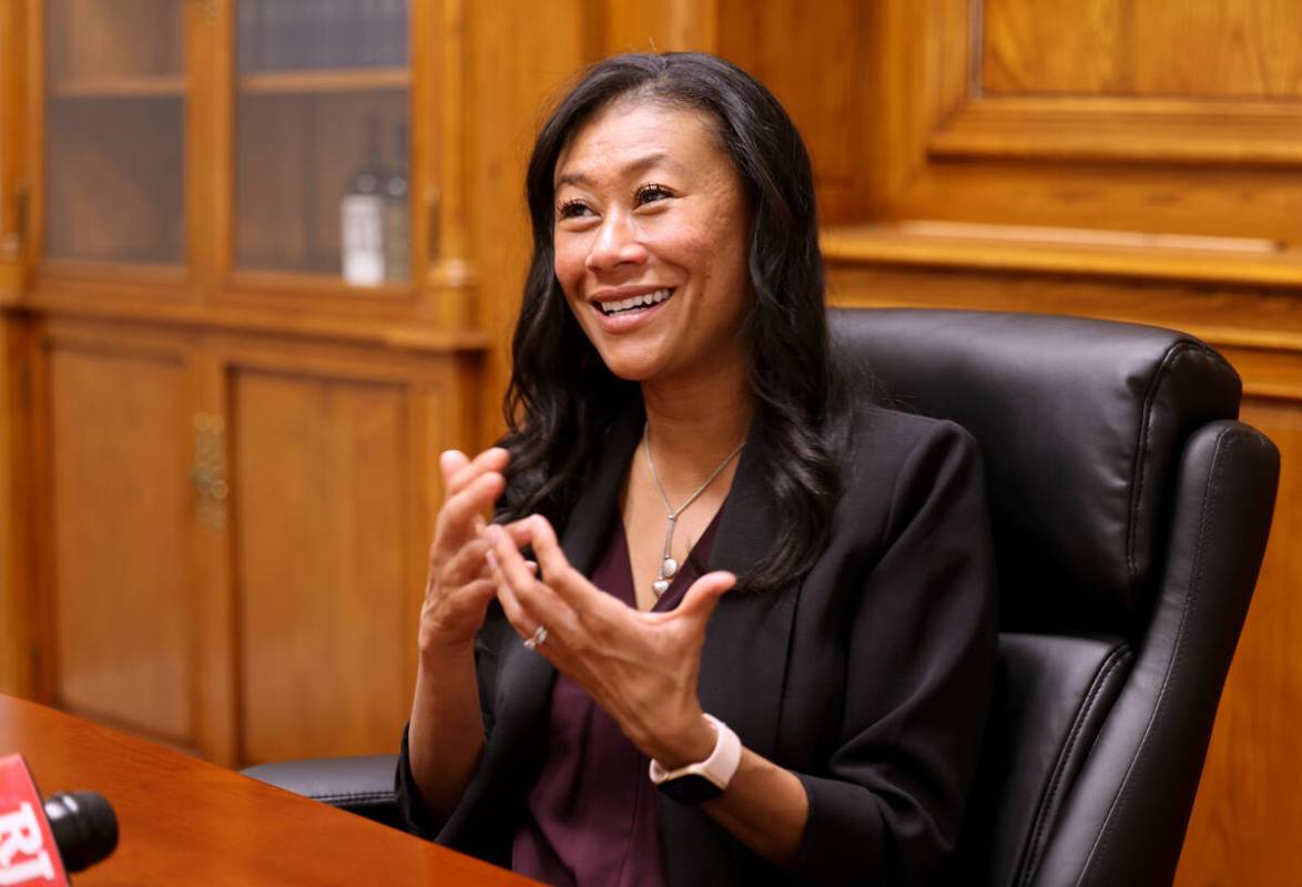 Nevada Supreme Court Justice Patricia Lee talks to a reporter at the Supreme Court building in ...