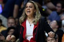 Las Vegas Aces head coach Becky Hammon shouts from the sidelines during the first half in Game ...