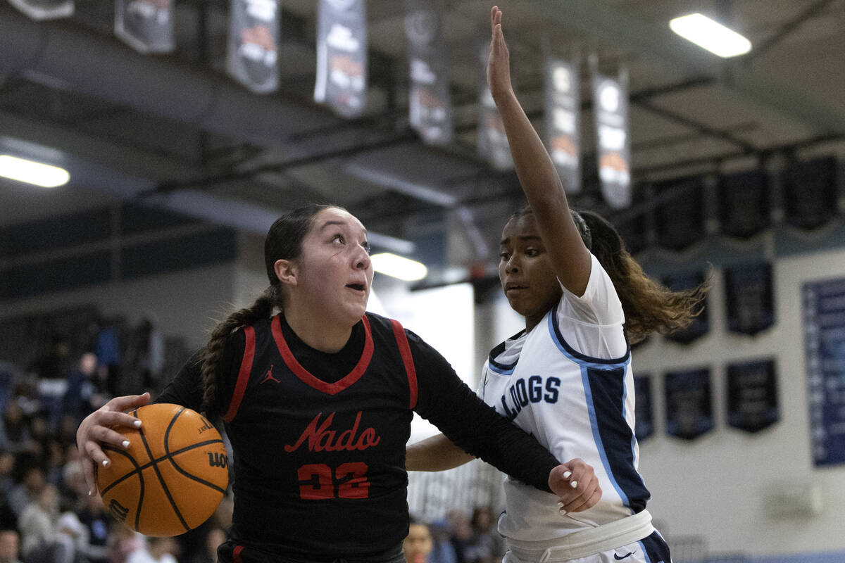 Coronado’s Ashtyn Wick (22) dribbles around Centennial’s Azaia Tatum, right, during a Class ...