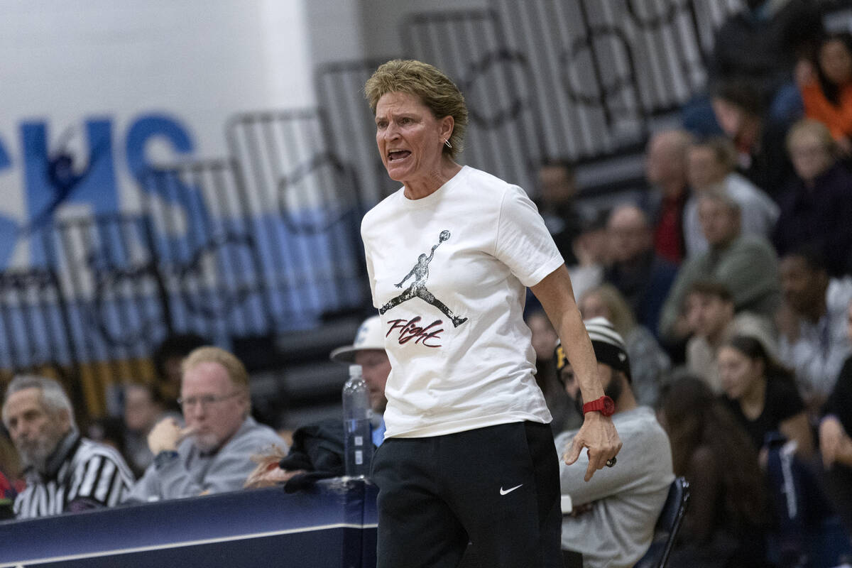 Centennial head coach Karen Weitz shouts from the sidelines during a Class 5A Southern League c ...