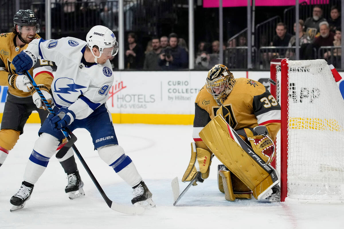 Tampa Bay Lightning center Vladislav Namestnikov (90) scores on Vegas Golden Knights goaltender ...