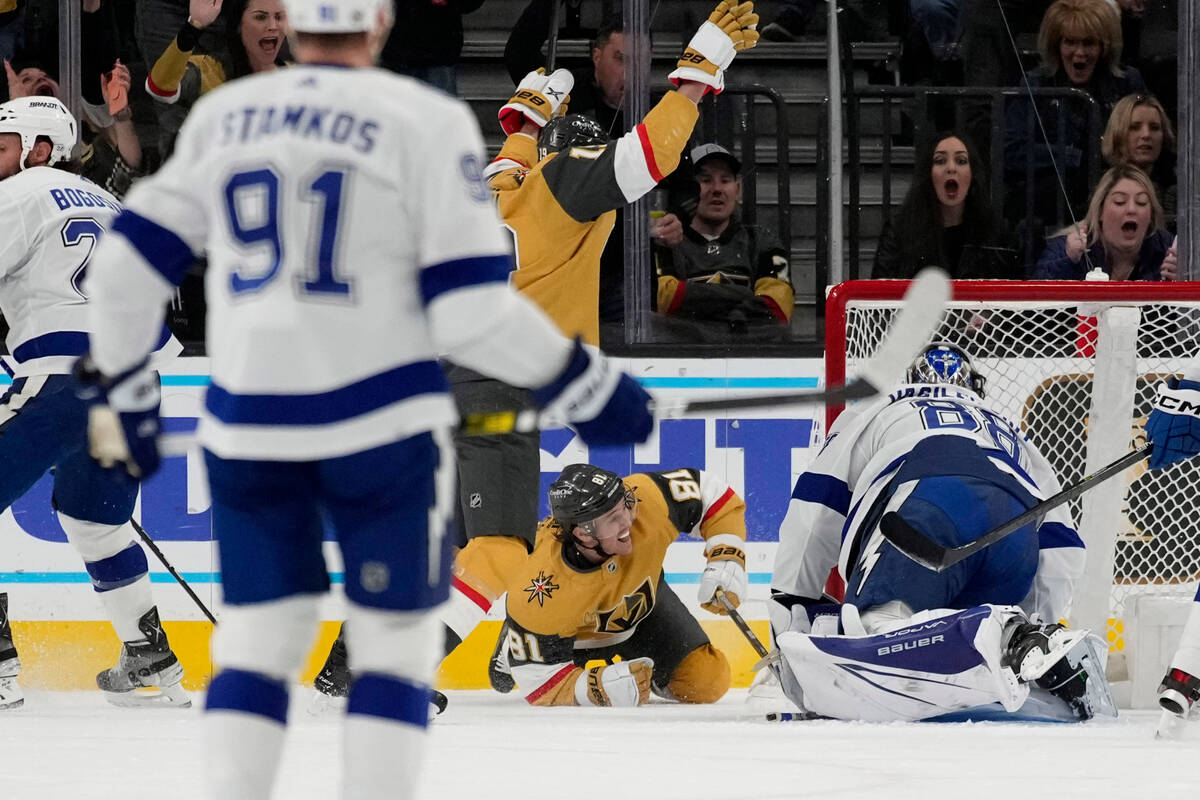 Vegas Golden Knights right wing Jonathan Marchessault (81) celebrates after scoring against Tam ...