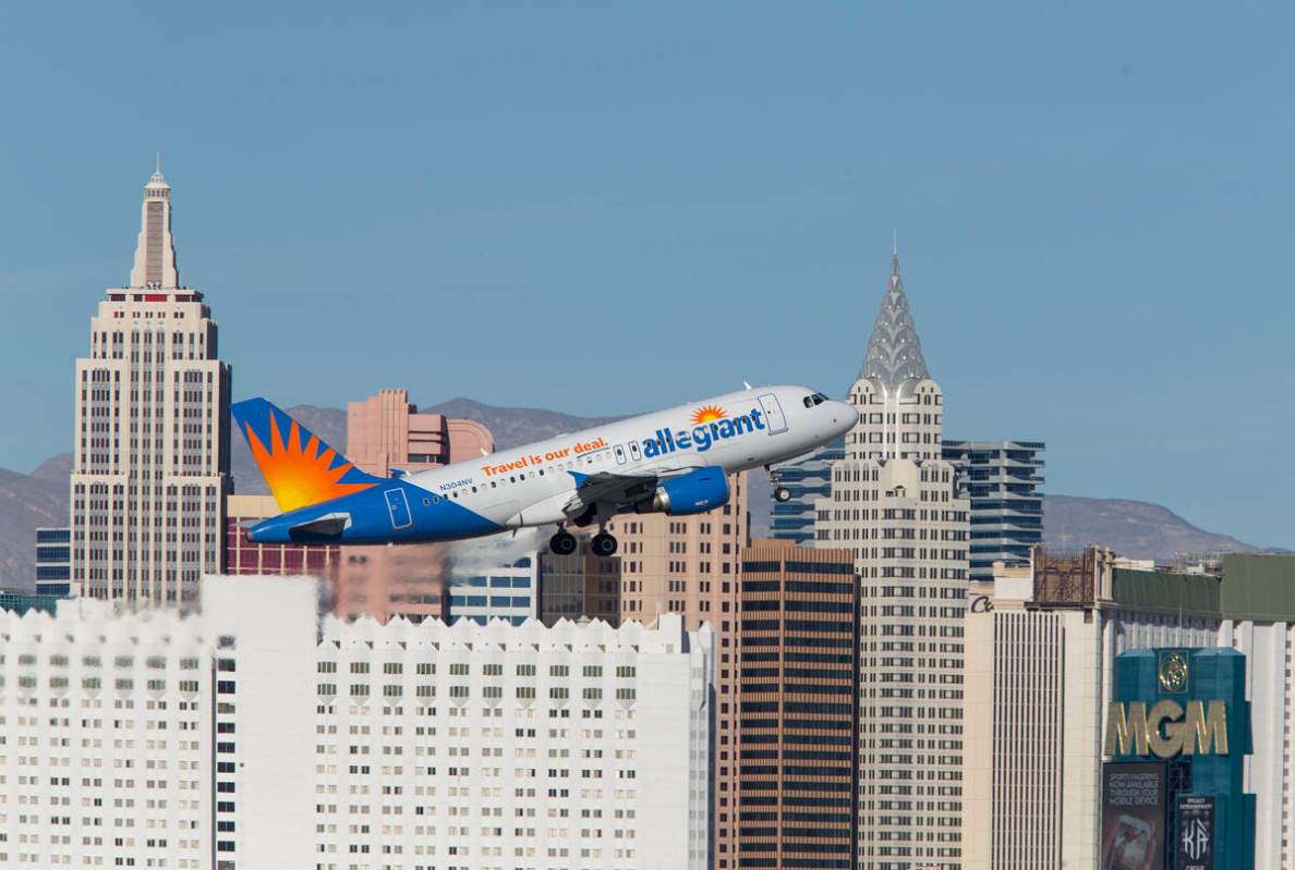 An Allegiant Air flight departs from McCarran International Airport in Las Vegas, Sunday, Janua ...