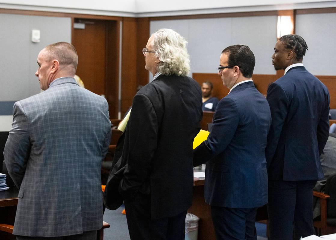 Prosecutor Eric Bauman, left, attorneys David Chesnoff, second left, and Richard Schonfeld, rep ...