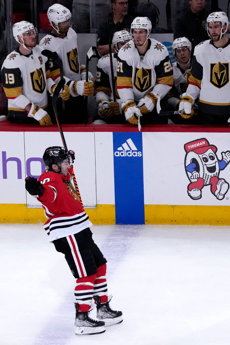 Chicago Blackhawks center Tyler Johnson (90) celebrates after scoring a goal as Vegas Golden Kn ...