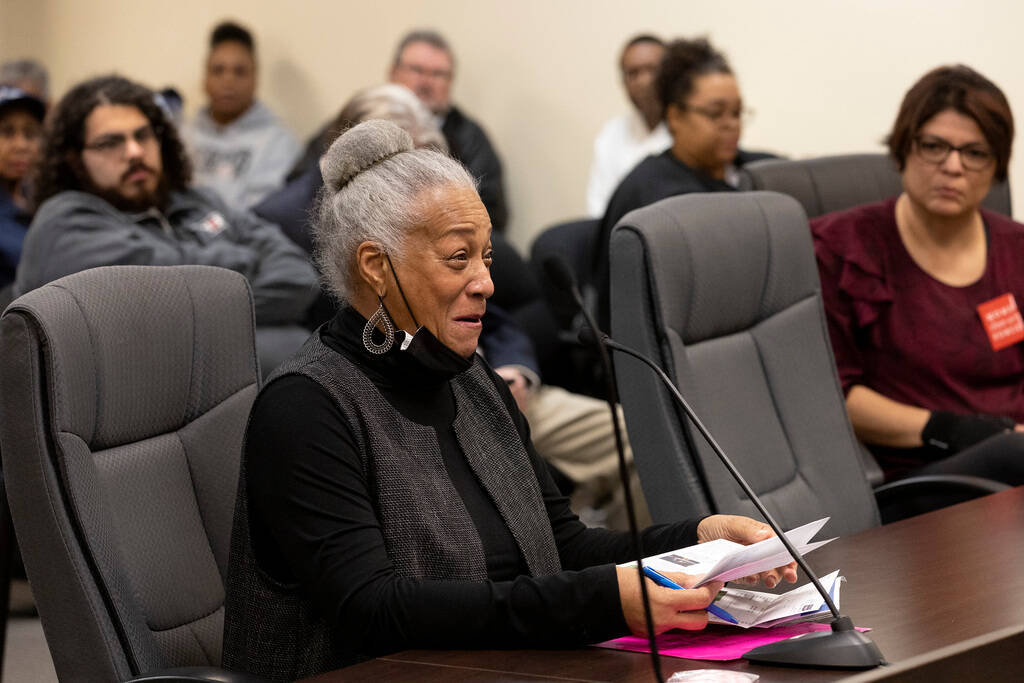 G. LaVerne Gentry, of Las Vegas, gets emotional while giving public comment during a Southwest ...