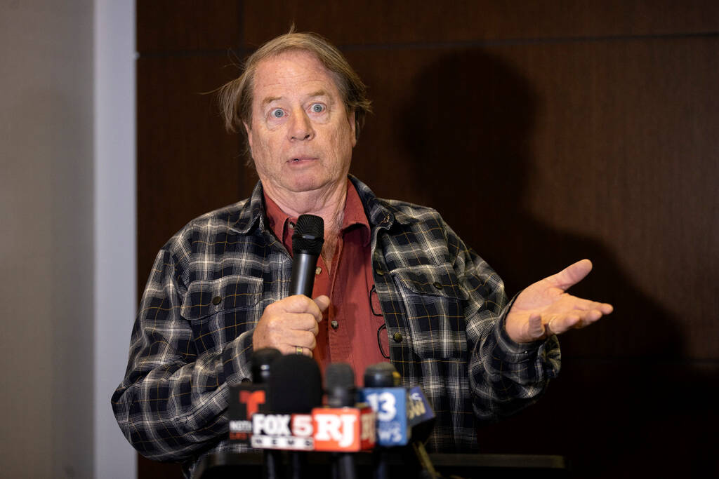 John Brandt, a Southwest Gas customer, speaks during a news conference held by the Nevada Conse ...