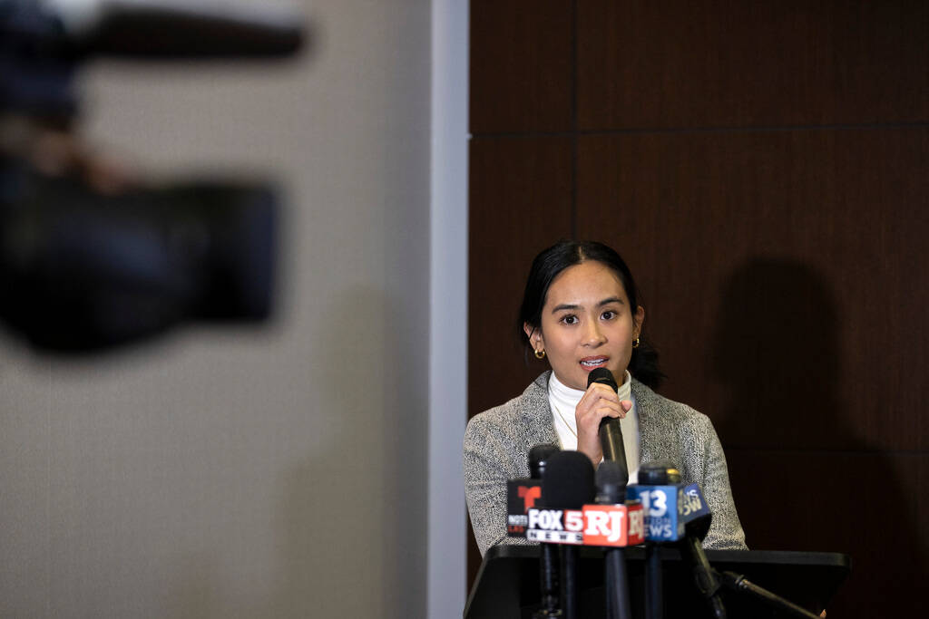 Angelyn Tabalba, communications director for the Nevada Conservation League, speaks during a ne ...