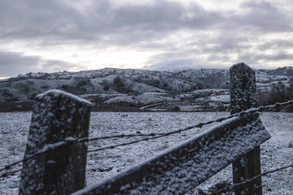 A coat of snow is seen on a hillside along Mt. Hamilton Road during sunrise in San Jose, Calif. ...