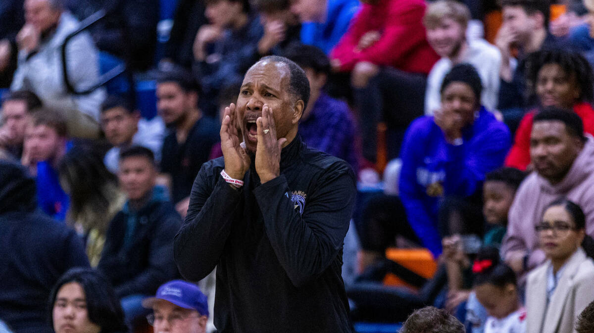 Durango Interim Head Coach Michael Lee yells to his players against Bishop Gorman during the se ...