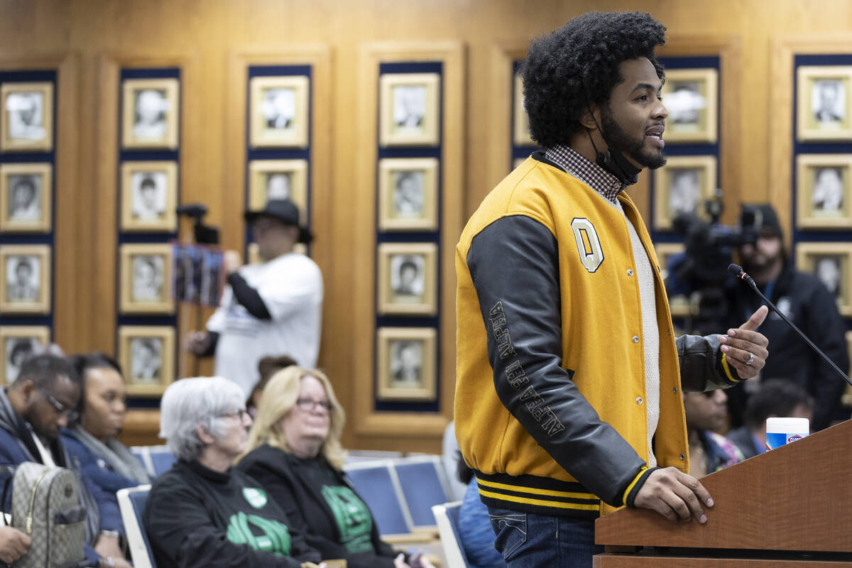 Quentin Savwoir speaks to the Clark County School District Board of Trustees during a school bo ...