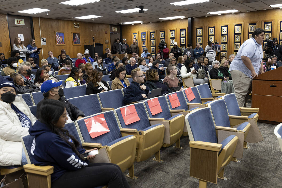 Shaun Navarro speaks to the Clark County School District Board of Trustees during a school boar ...