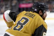 Golden Knights center Phil Kessel (8) prepares to face off against the Coyotes during the first ...