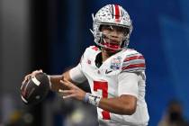 Ohio State quarterback C.J. Stroud (7) passes against Georgia during the first half of the Peac ...