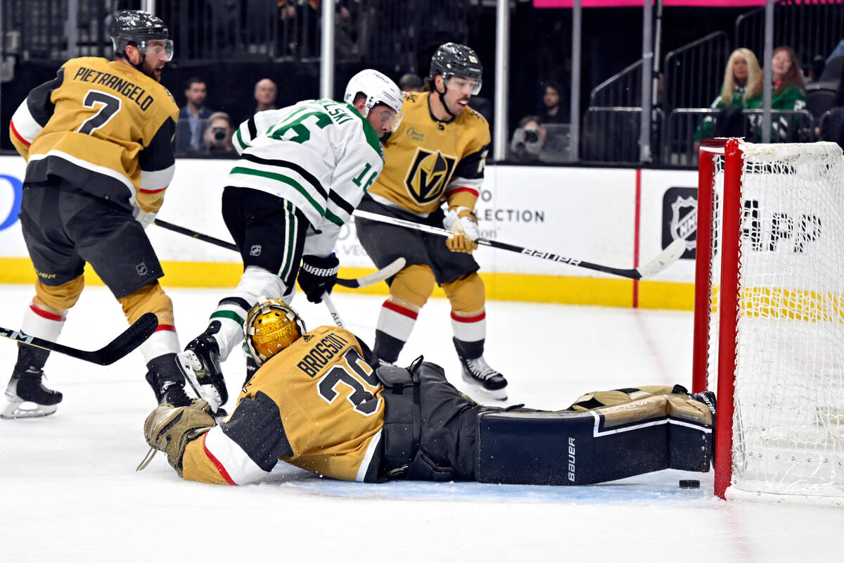 Vegas Golden Knights goaltender Laurent Brossoit (39) defends against the Dallas Stars during t ...