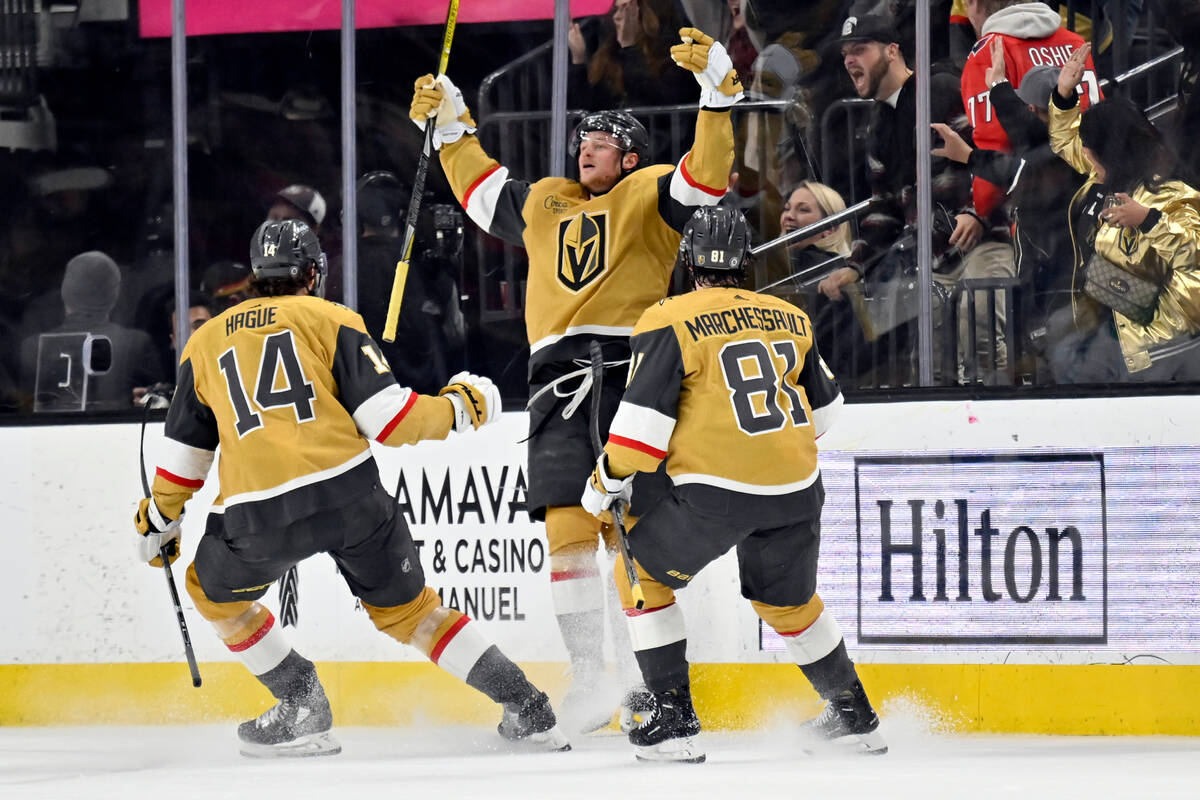 Vegas Golden Knights center Jack Eichel (9) celebrates his goal against the Dallas Stars during ...