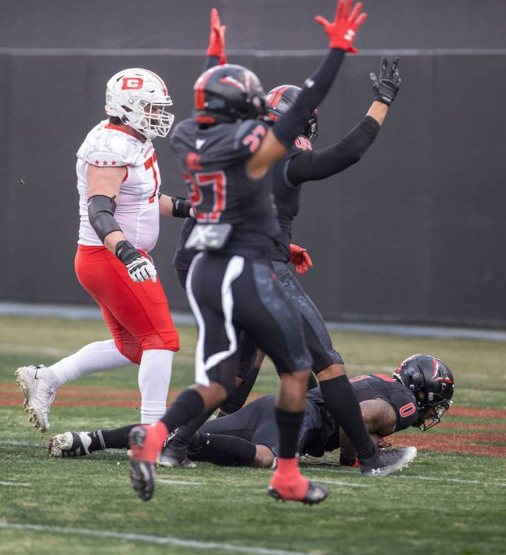 Vegas Vipers linebacker Pita Taumoepenu recovers a fumble against DC Defenders during the first ...