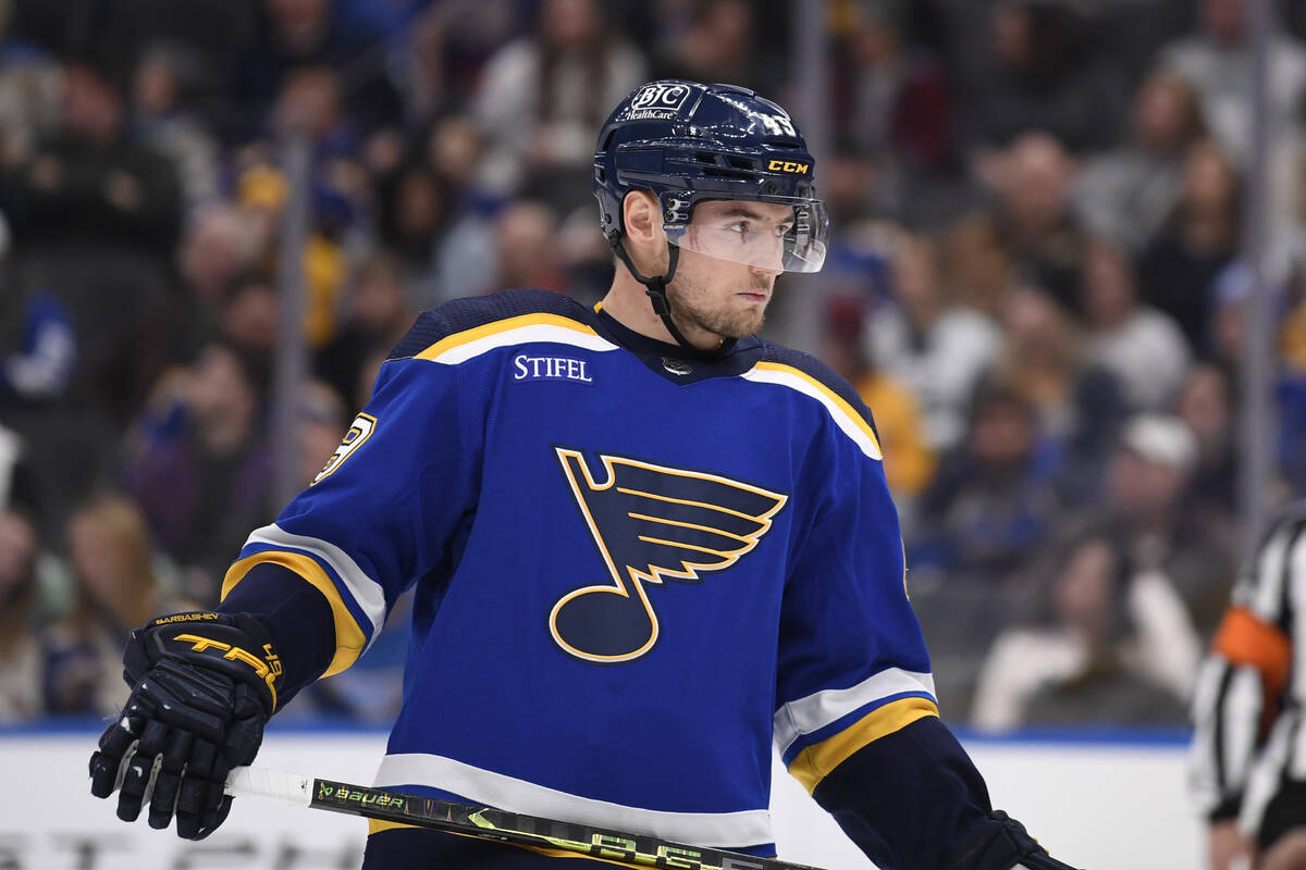 St. Louis Blues' Ivan Barbashev looks on against the Vancouver Canucks during the first period ...