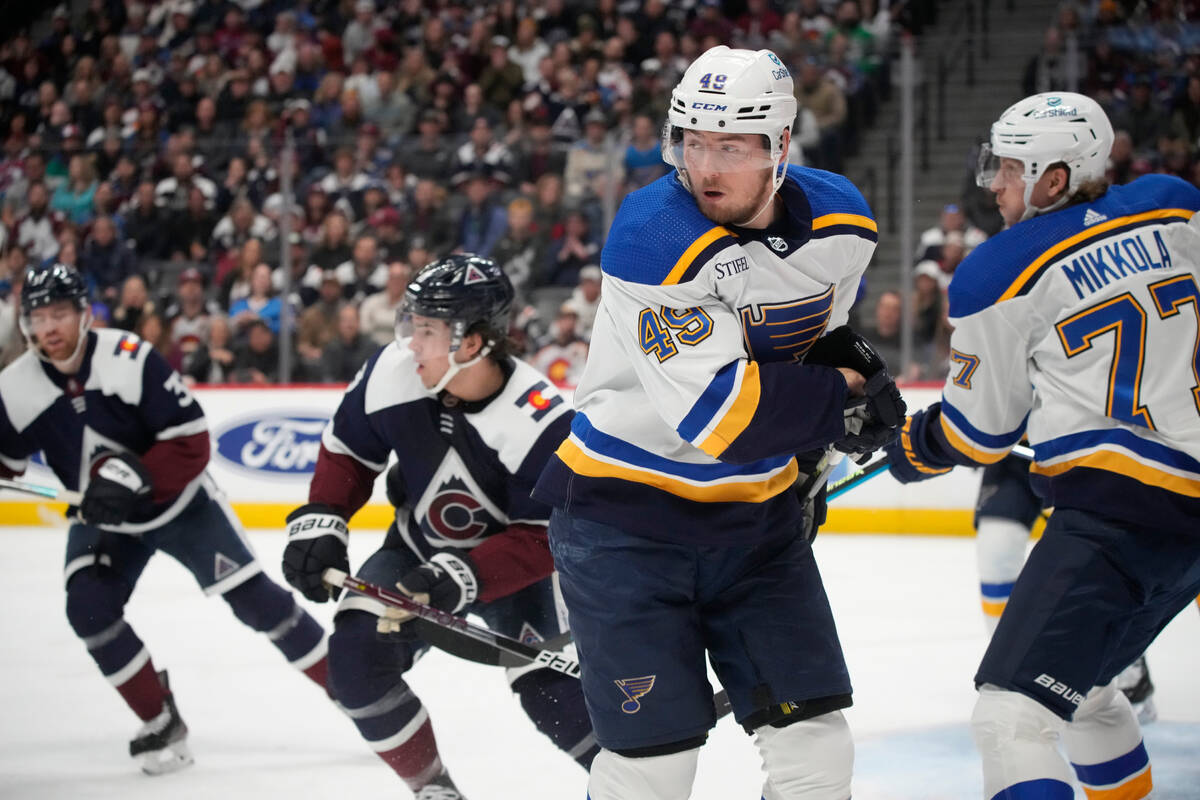 St. Louis Blues center Ivan Barbashev (49) in the first period of an NHL hockey game Saturday, ...