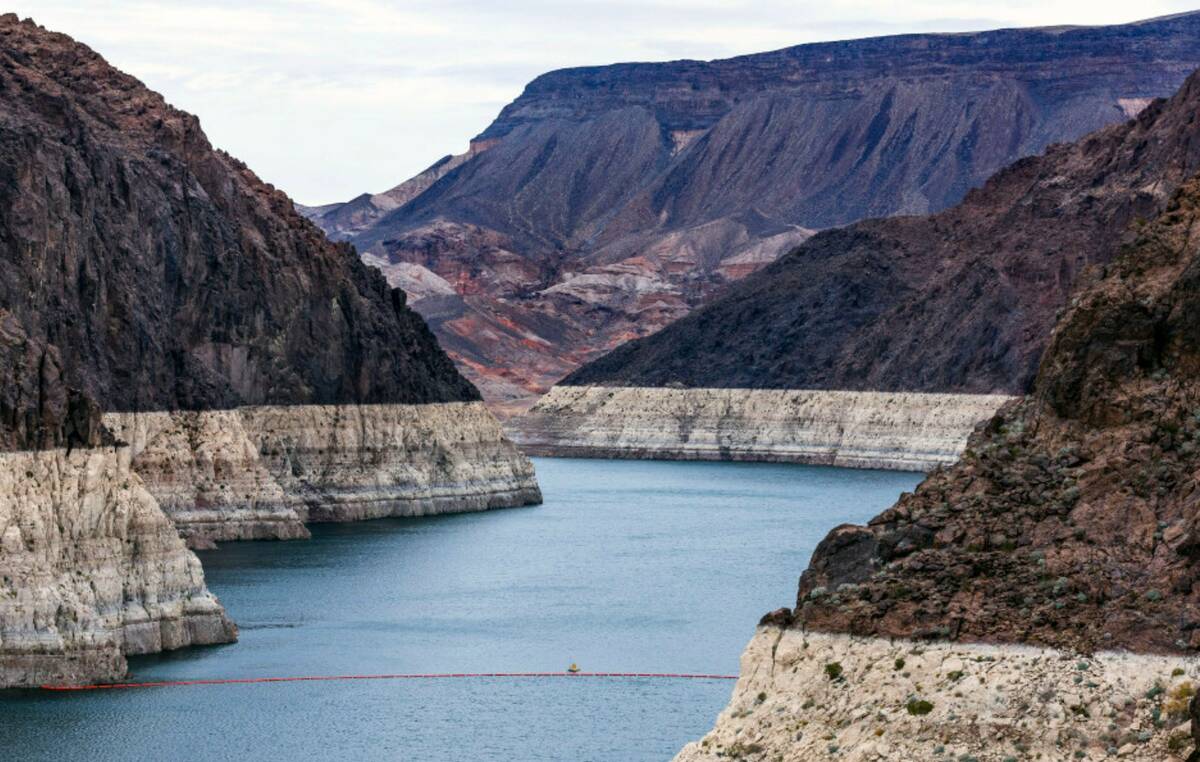 The bathtub ring on Lake Mead at the Lake Mead National Recreation Area, seen in December 2022 ...