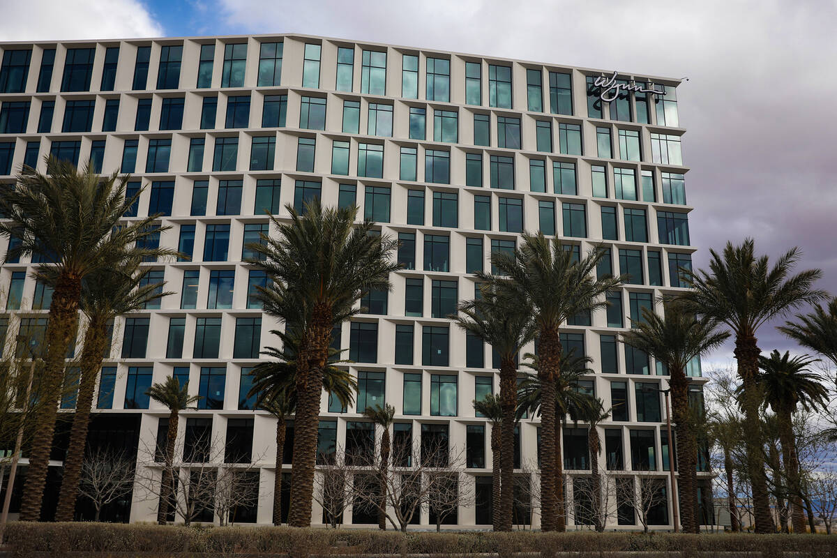 An office building with Wynn Resorts’ name at the top in Downtown Summerlin in Las Vegas ...