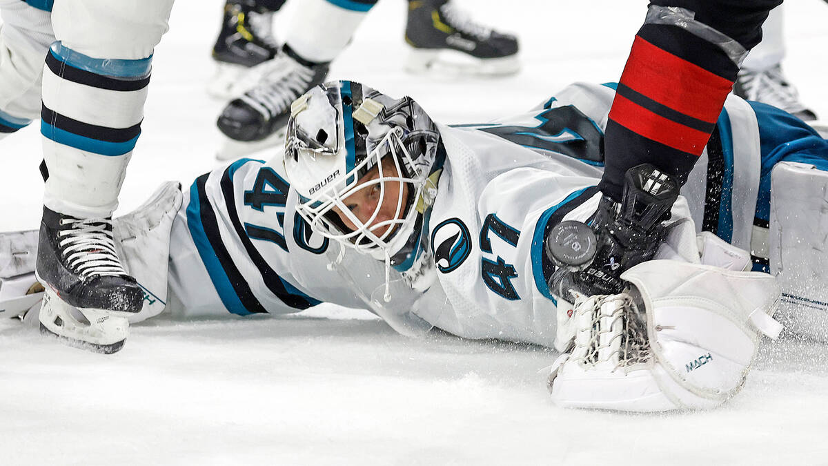 San Jose Sharks goaltender James Reimer (47) watches the puck against the Carolina Hurricanes d ...