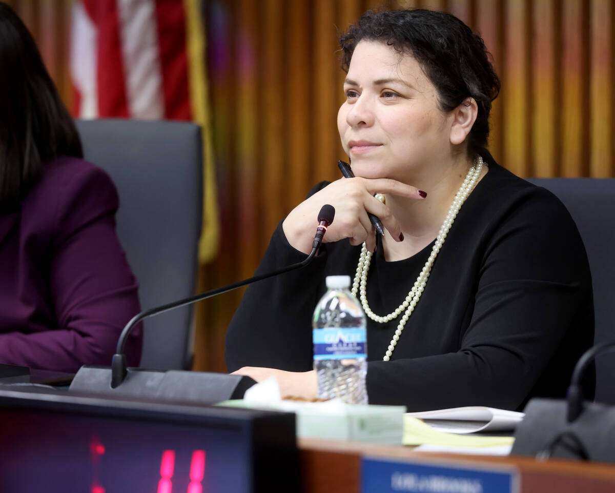 Clark County School Board President Evelyn Garcia Morales listens to testimony during a meeting ...