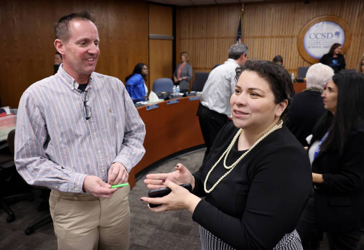 Clark County School Board President Evelyn Garcia Morales, right, after a meeting at the Edward ...