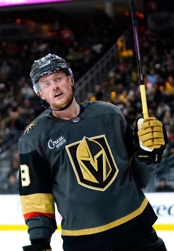 Vegas Golden Knights center Jack Eichel (9) plays against the Carolina Hurricanes during the th ...