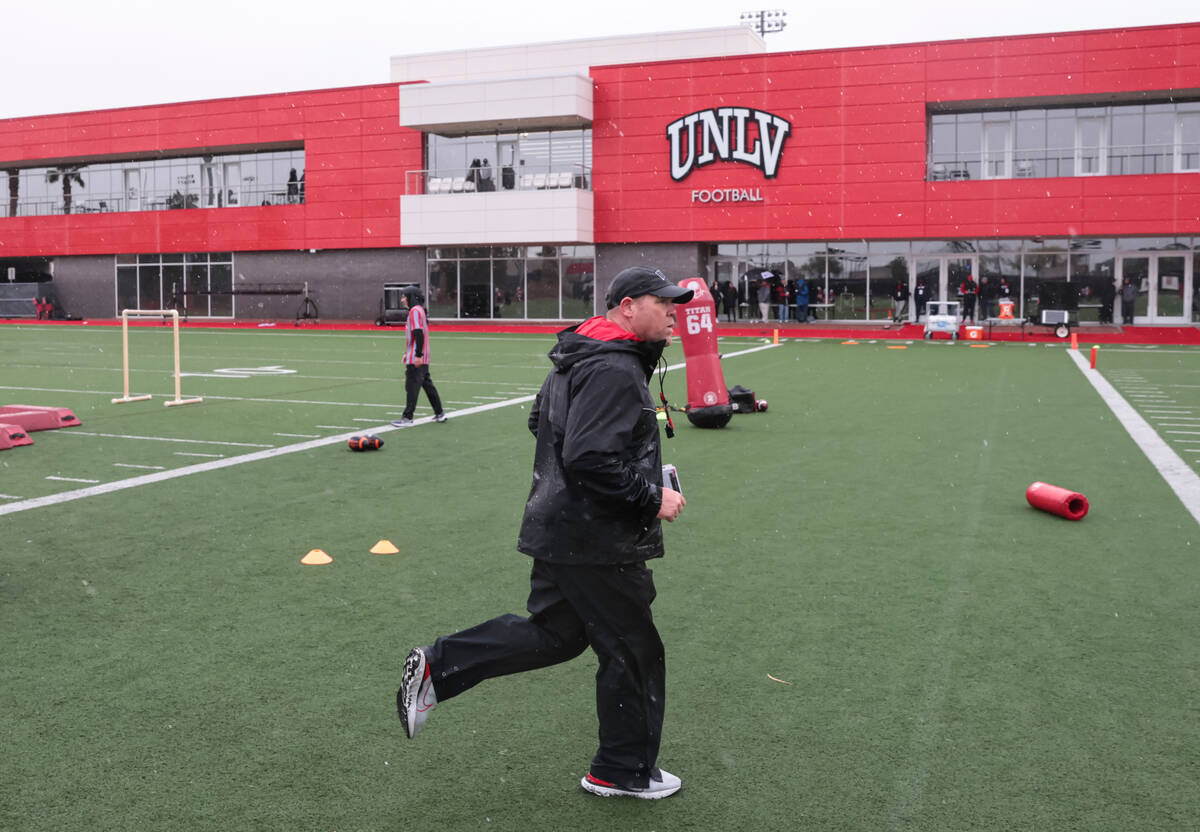 UNLV head coach Barry Odom leads the first day of spring football practice on Wednesday, March ...