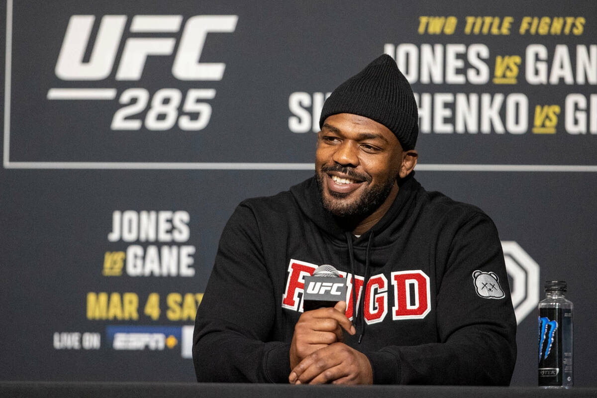 UFC heavyweight Jon Jones smiles during a news conference to promote his UFC 285 bout expected ...
