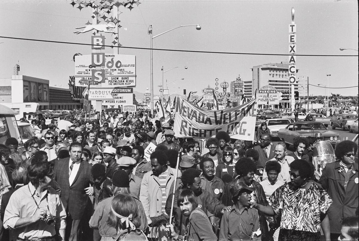 A crowd of 1,500 walks south on the Strip, past the then-Stardust Hotel, on March 6, 1971, en r ...