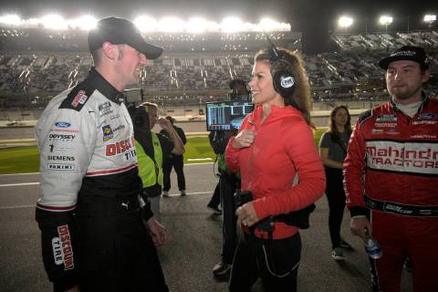Austin Cindric, left, talks with Fox Sports reporter Jamie Little on pit road before the second ...