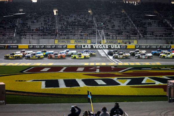 Drivers compete during the NASCAR Craftsman Truck Series auto race at Las Vegas Motor Speedway, ...